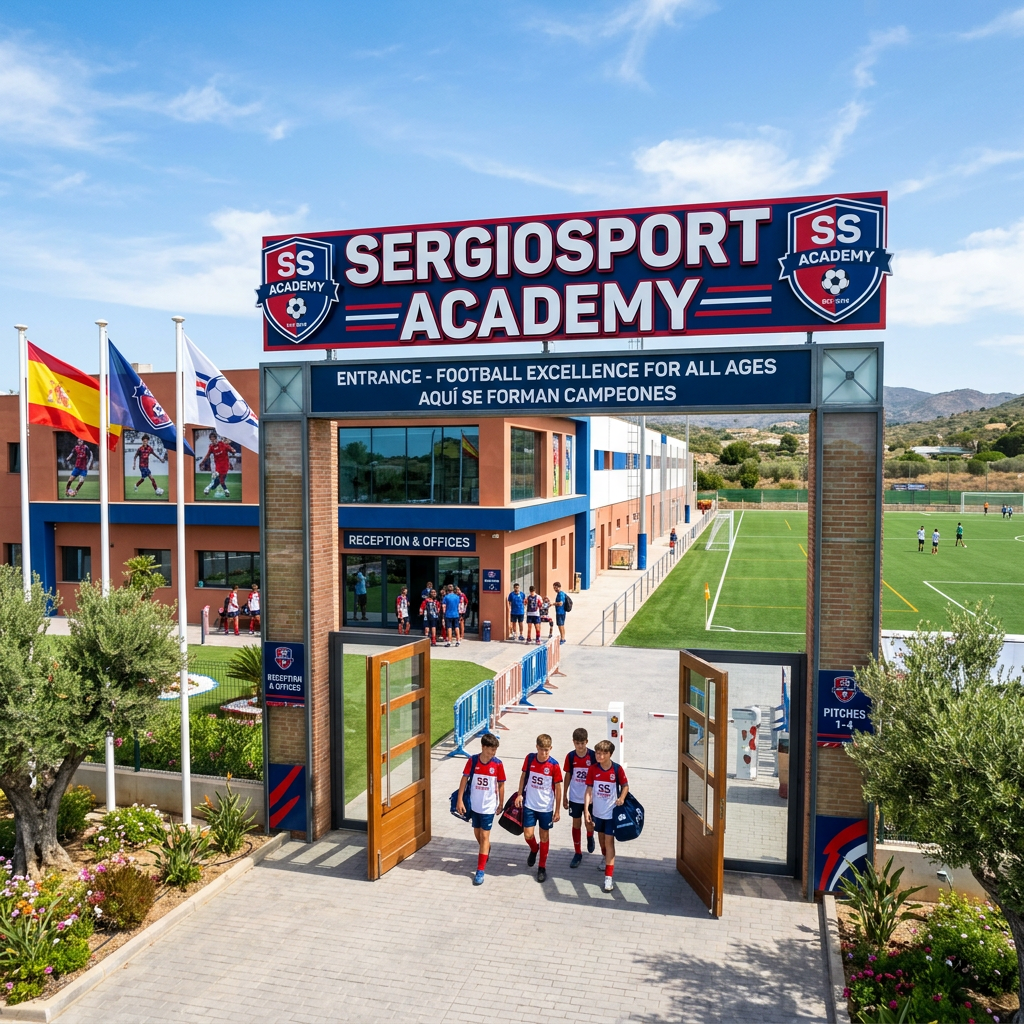 Four young soccer players walking out of the entrance gate of SergioSport Academy football facility