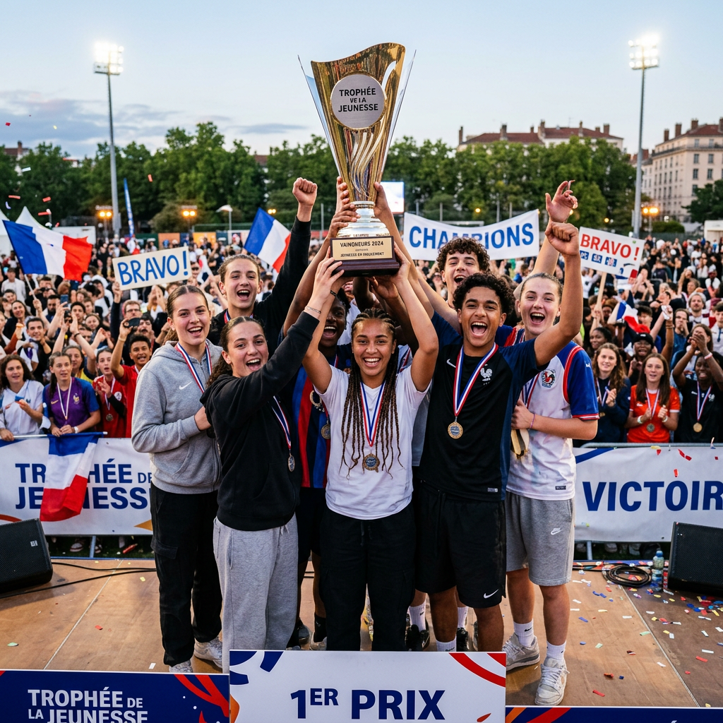 Youth sports team holding Trophée de la Jeunesse 2024 cup with medals and cheering crowd