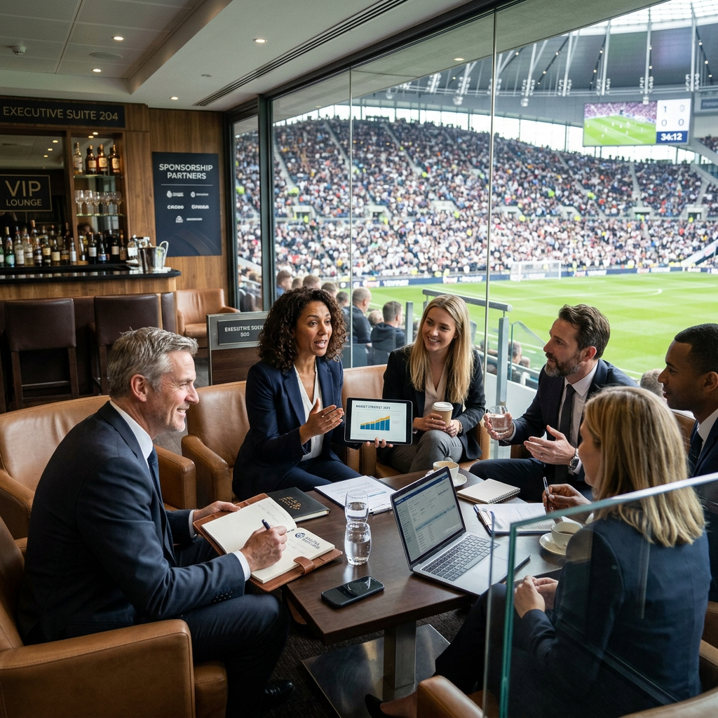 Group of businesspeople in a VIP lounge at a soccer stadium having a discussion with laptops and charts