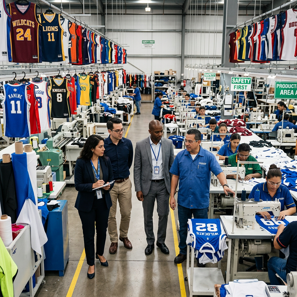 Four professionals walking and inspecting workers sewing basketball jerseys in a factory