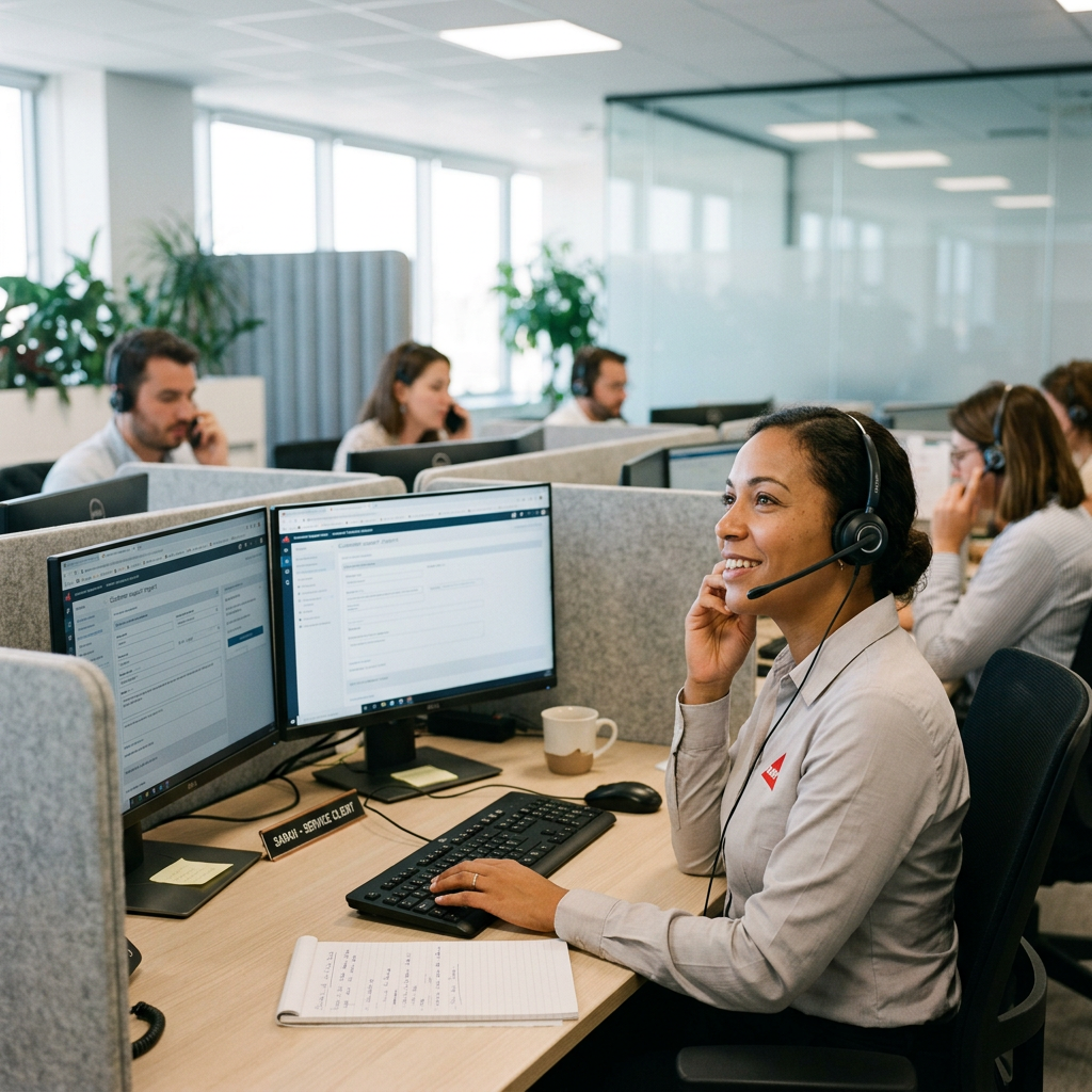 Call center agent smiling and talking on headset at office cubicle with computer screens and coworkers